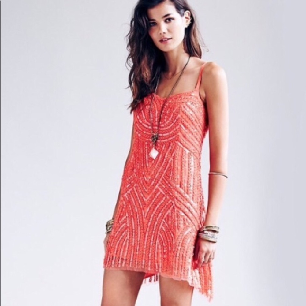 Free People Coral sequin shark bite hem dress